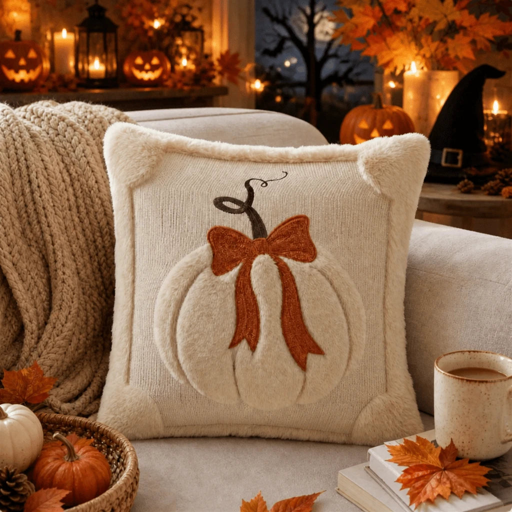 1pc/2pcs Autumn 3D Jacquard Pumpkin Pillow Cover, Faux Fur Thanksgiving Halloween Cushion Cover, 18x18 Inch, Comfortable Modern Home Style Pumpkin Bow Pillow Cover, Suitable For Farmhouse Sofa, Bench