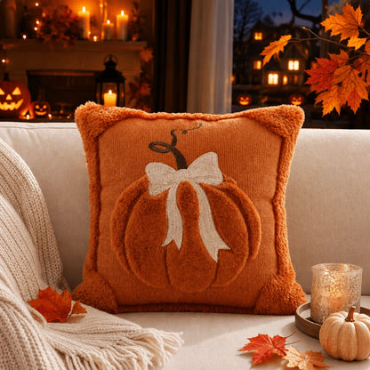 1pc/2pcs Autumn 3D Jacquard Pumpkin Pillow Cover, Faux Fur Thanksgiving Halloween Cushion Cover, 18x18 Inch, Comfortable Modern Home Style Pumpkin Bow Pillow Cover, Suitable For Farmhouse Sofa, Bench