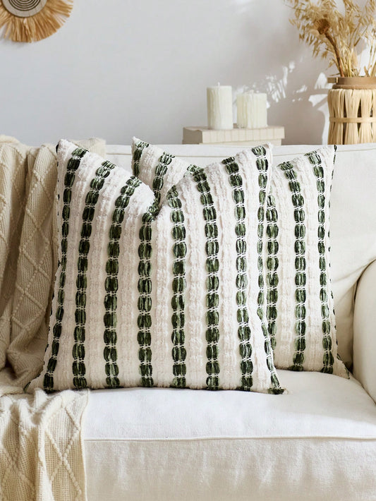 1pc/2pcs Olive Green (Insert Not Included) 3D Thick Striped Throw Pillow Cover, Bohemian Farmhouse Chenille Cushion Cover, Neutral Color Pillow Sham, Suitable For Sofa, Bed, Bedroom, Dining Room, Part
