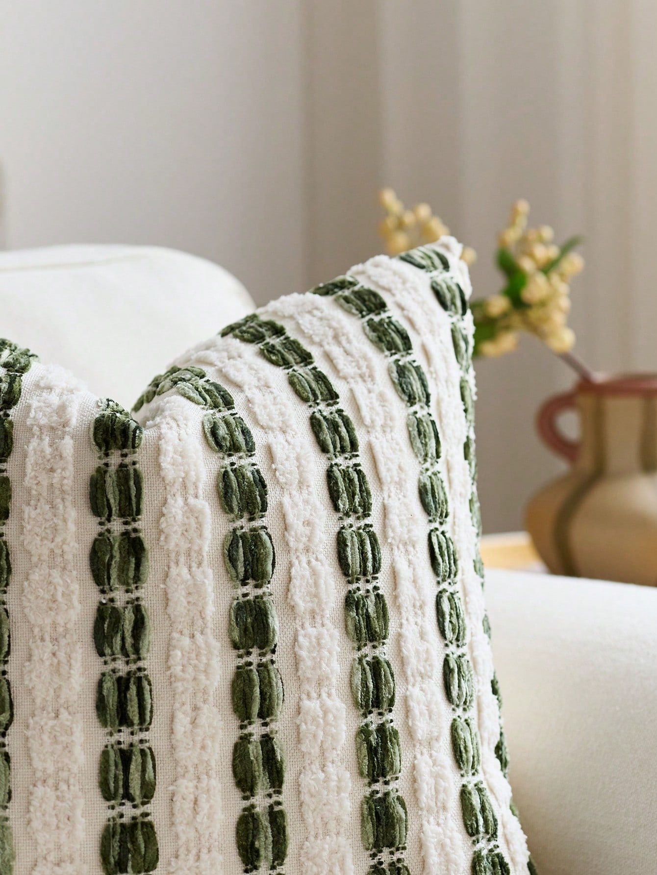 1pc/2pcs Olive Green (Insert Not Included) 3D Thick Striped Throw Pillow Cover, Bohemian Farmhouse Chenille Cushion Cover, Neutral Color Pillow Sham, Suitable For Sofa, Bed, Bedroom, Dining Room, Part