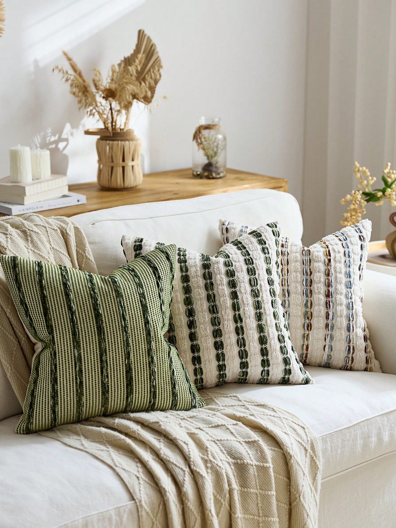 1pc/2pcs Olive Green (Insert Not Included) 3D Thick Striped Throw Pillow Cover, Bohemian Farmhouse Chenille Cushion Cover, Neutral Color Pillow Sham, Suitable For Sofa, Bed, Bedroom, Dining Room, Part