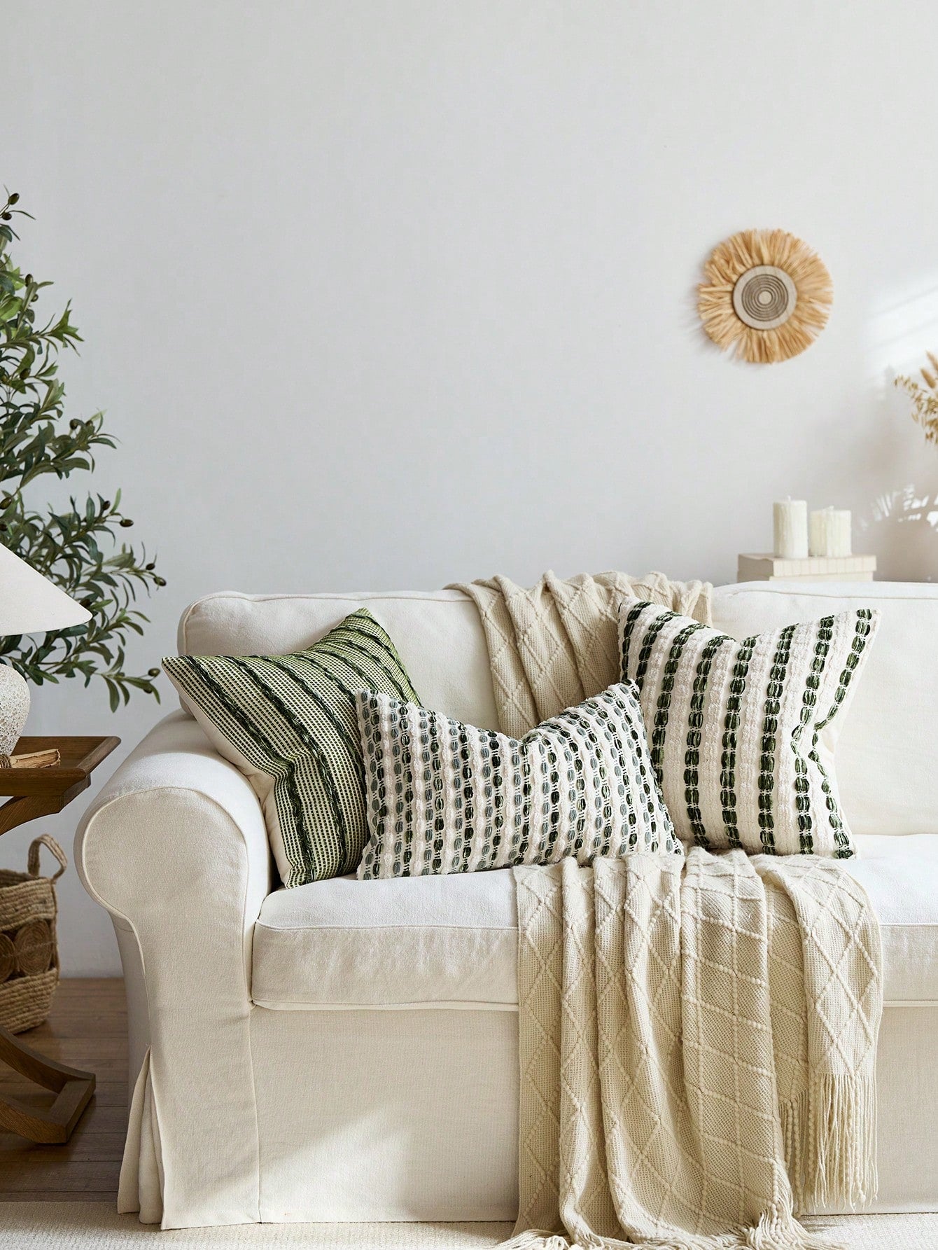 1pc/2pcs Olive Green (Insert Not Included) 3D Thick Striped Throw Pillow Cover, Bohemian Farmhouse Chenille Cushion Cover, Neutral Color Pillow Sham, Suitable For Sofa, Bed, Bedroom, Dining Room, Part