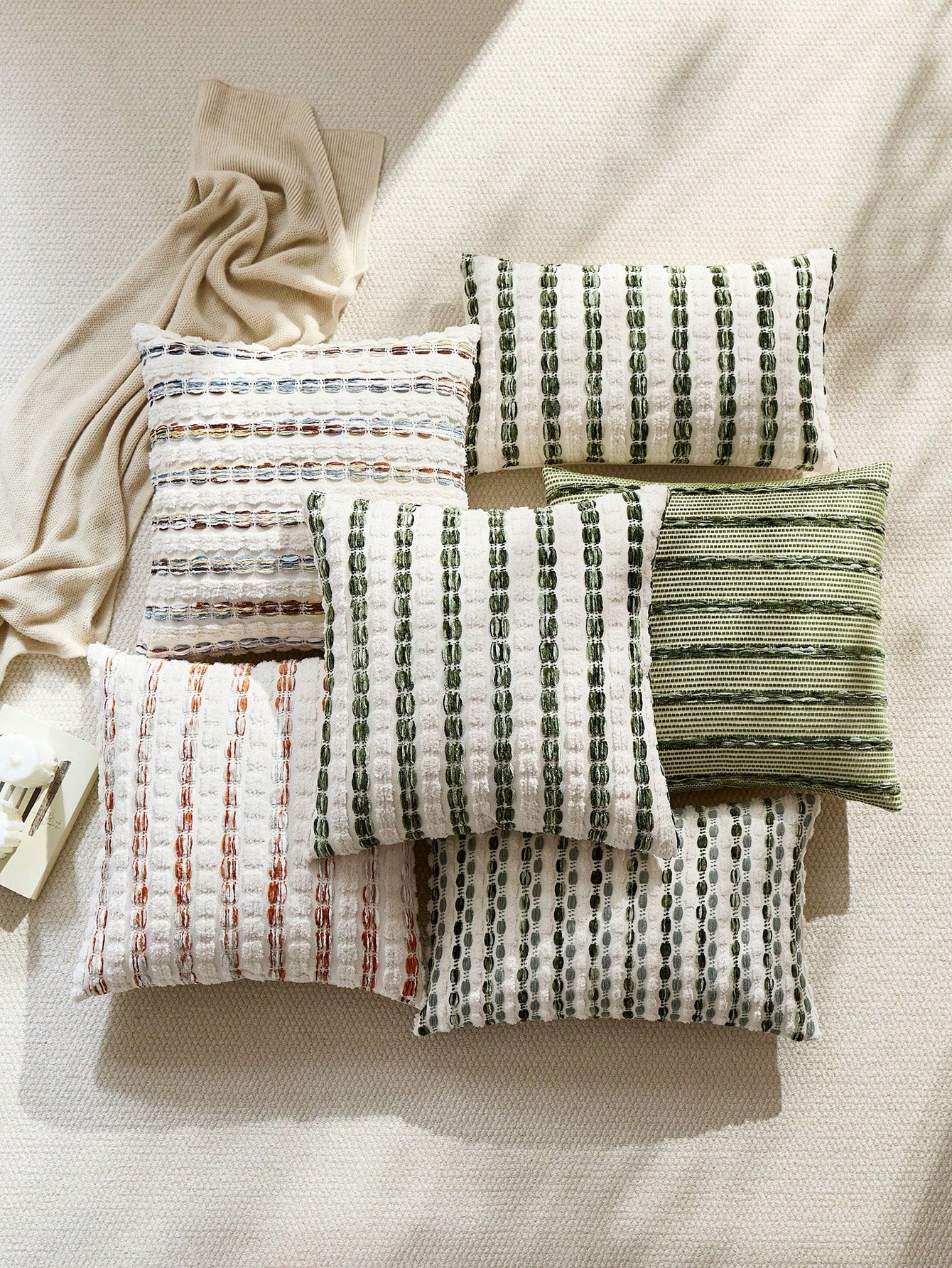 1pc/2pcs Olive Green (Insert Not Included) 3D Thick Striped Throw Pillow Cover, Bohemian Farmhouse Chenille Cushion Cover, Neutral Color Pillow Sham, Suitable For Sofa, Bed, Bedroom, Dining Room, Part