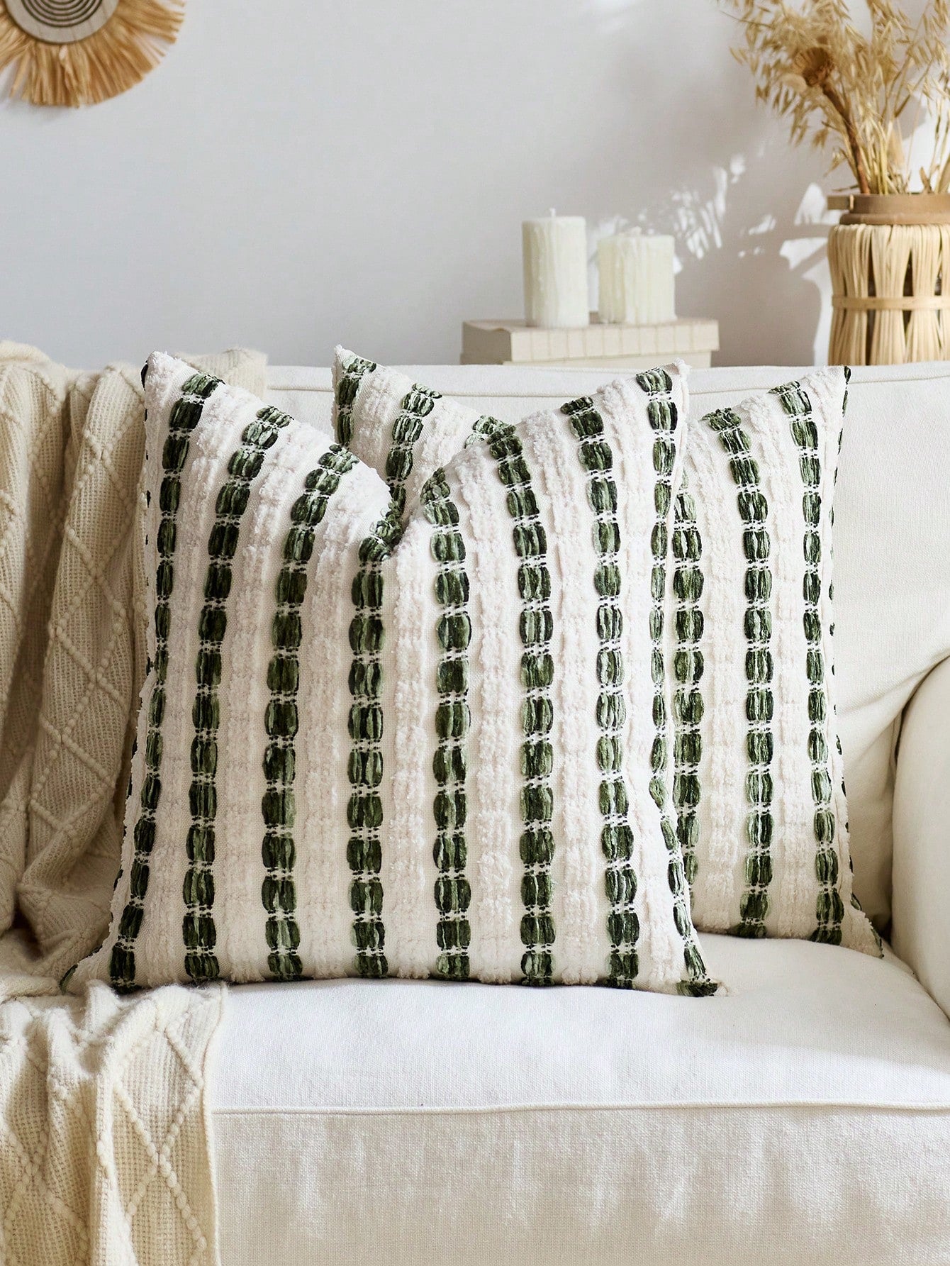 1pc/2pcs Olive Green (Insert Not Included) 3D Thick Striped Throw Pillow Cover, Bohemian Farmhouse Chenille Cushion Cover, Neutral Color Pillow Sham, Suitable For Sofa, Bed, Bedroom, Dining Room, Part