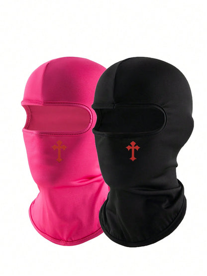 1pc/2pcs Unisex Solid Color Printed Balaclava Hat Set, Single Hole Full Face Mask Headwear For Cycling, Suitable For Daily Wear And Outdoor Activities