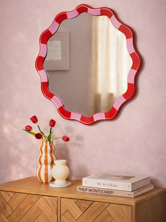 1pc 30/35cm Wavy Scalloped Wall Mirror Acrylic Stickers For Bedroom Decor,Red Pink Striped Aesthetic Vanity Mirror,Cute Y2K Preppy Indie Room Decor,Dorm Wall Hanging Mirror For Teen Girls,Funky Decora