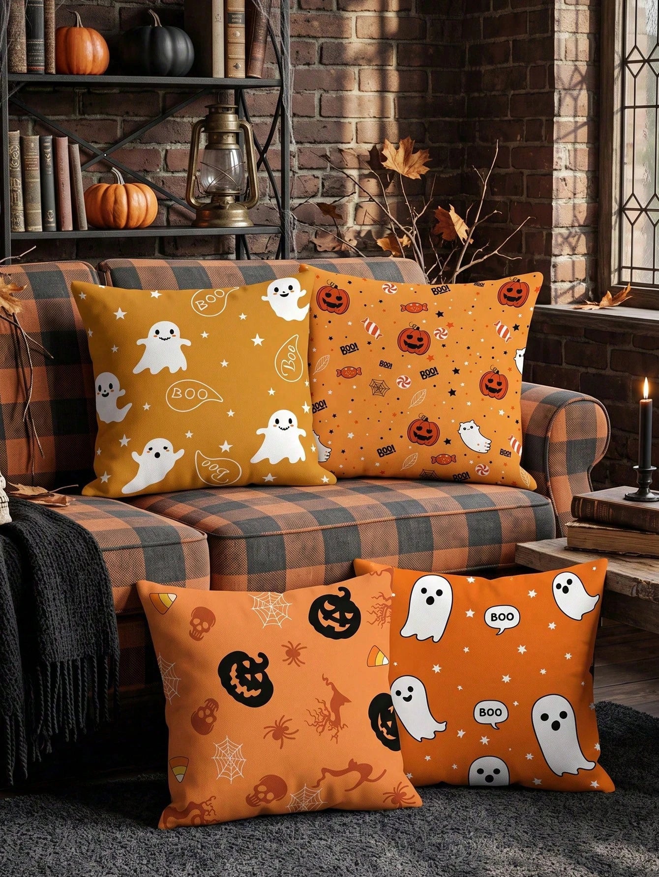 1pc/4pcs Halloween Ghost Pumpkin Pillow Case, Cushion Cover, Bedding, Comfortable And Easy To Care, Living Room Sofa Decorative Pillowcase, Halloween Room Decor, Single-Sided Print, Zipper Closure, Pi