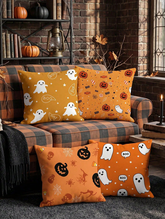 1pc/4pcs Halloween Ghost Pumpkin Pillow Case, Cushion Cover, Bedding, Comfortable And Easy To Care, Living Room Sofa Decorative Pillowcase, Halloween Room Decor, Single-Sided Print, Zipper Closure, Pi