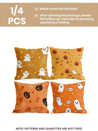 1pc/4pcs Halloween Ghost Pumpkin Pillow Case, Cushion Cover, Bedding, Comfortable And Easy To Care, Living Room Sofa Decorative Pillowcase, Halloween Room Decor, Single-Sided Print, Zipper Closure, Pi