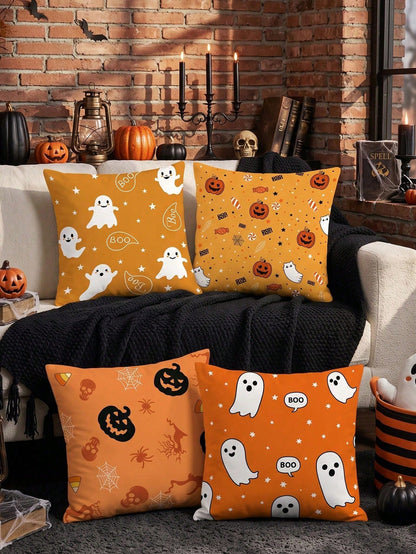 1pc/4pcs Halloween Ghost Pumpkin Pillow Case, Cushion Cover, Bedding, Comfortable And Easy To Care, Living Room Sofa Decorative Pillowcase, Halloween Room Decor, Single-Sided Print, Zipper Closure, Pi