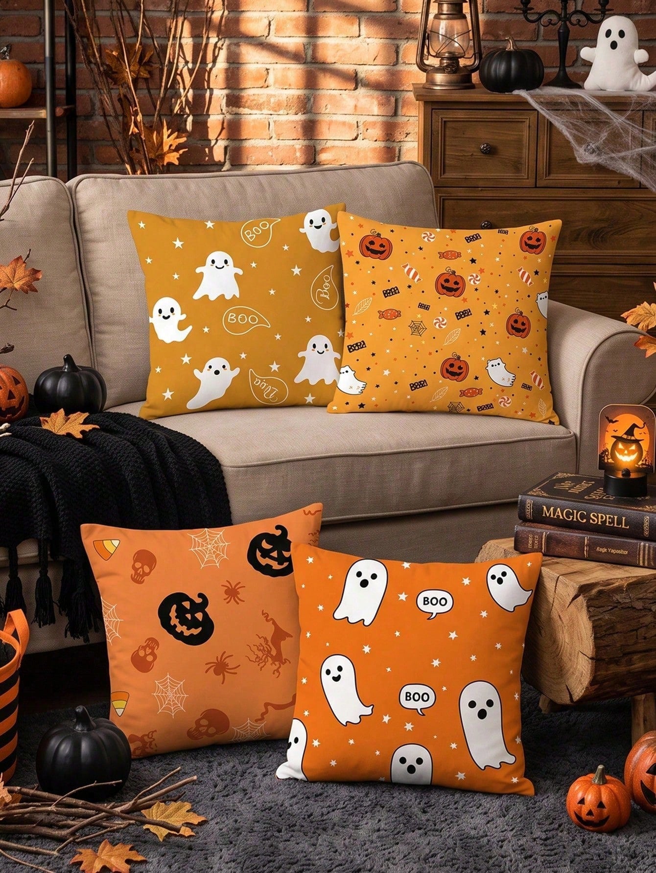 1pc/4pcs Halloween Ghost Pumpkin Pillow Case, Cushion Cover, Bedding, Comfortable And Easy To Care, Living Room Sofa Decorative Pillowcase, Halloween Room Decor, Single-Sided Print, Zipper Closure, Pi