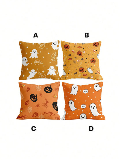 1pc/4pcs Halloween Ghost Pumpkin Pillow Case, Cushion Cover, Bedding, Comfortable And Easy To Care, Living Room Sofa Decorative Pillowcase, Halloween Room Decor, Single-Sided Print, Zipper Closure, Pi