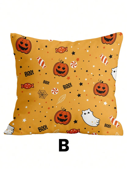 1pc/4pcs Halloween Ghost Pumpkin Pillow Case, Cushion Cover, Bedding, Comfortable And Easy To Care, Living Room Sofa Decorative Pillowcase, Halloween Room Decor, Single-Sided Print, Zipper Closure, Pi
