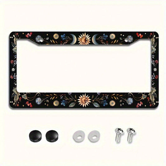 1pc 6.3x12.2 Inch (16x31 Cm) Metal License Plate Frame Cover Sun Moon Blue Butterfly Decoration License Plate Frame Car Front And Rear License Plate