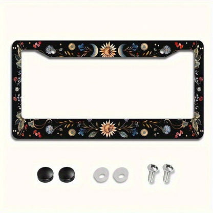 1pc 6.3x12.2 Inch (16x31 Cm) Metal License Plate Frame Cover Sun Moon Blue Butterfly Decoration License Plate Frame Car Front And Rear License Plate