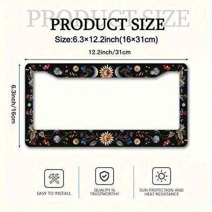 1pc 6.3x12.2 Inch (16x31 Cm) Metal License Plate Frame Cover Sun Moon Blue Butterfly Decoration License Plate Frame Car Front And Rear License Plate