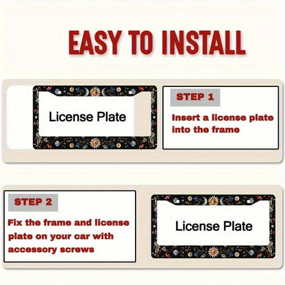 1pc 6.3x12.2 Inch (16x31 Cm) Metal License Plate Frame Cover Sun Moon Blue Butterfly Decoration License Plate Frame Car Front And Rear License Plate