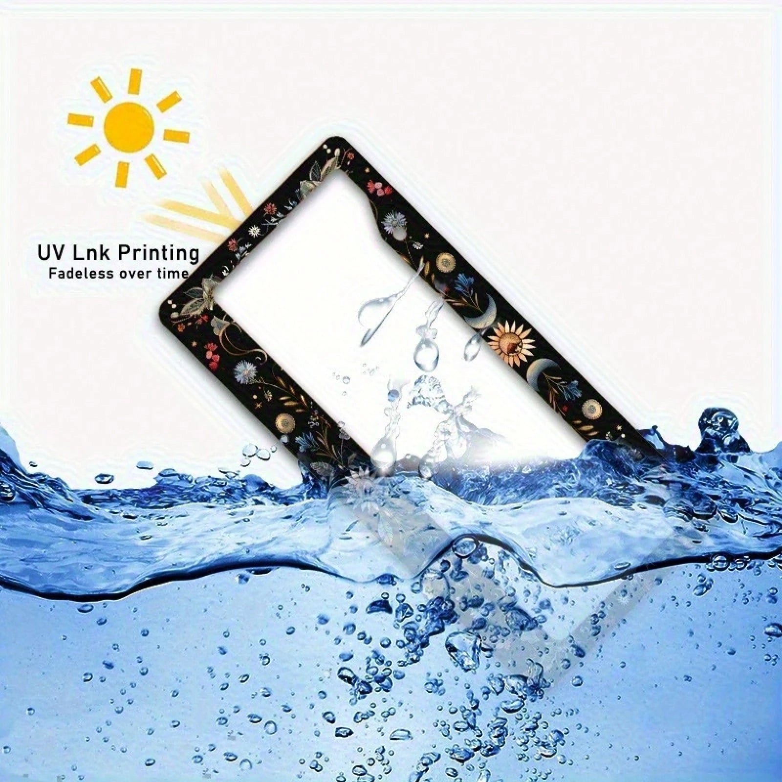 1pc 6.3x12.2 Inch (16x31 Cm) Metal License Plate Frame Cover Sun Moon Blue Butterfly Decoration License Plate Frame Car Front And Rear License Plate