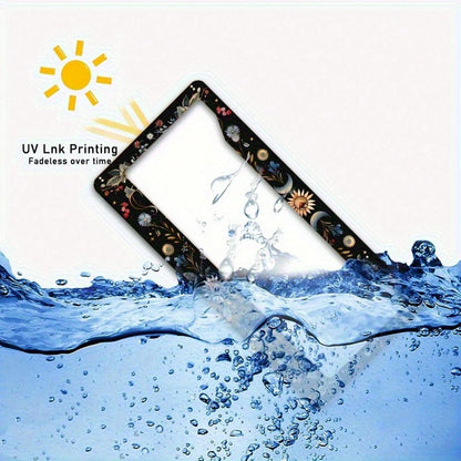 1pc 6.3x12.2 Inch (16x31 Cm) Metal License Plate Frame Cover Sun Moon Blue Butterfly Decoration License Plate Frame Car Front And Rear License Plate