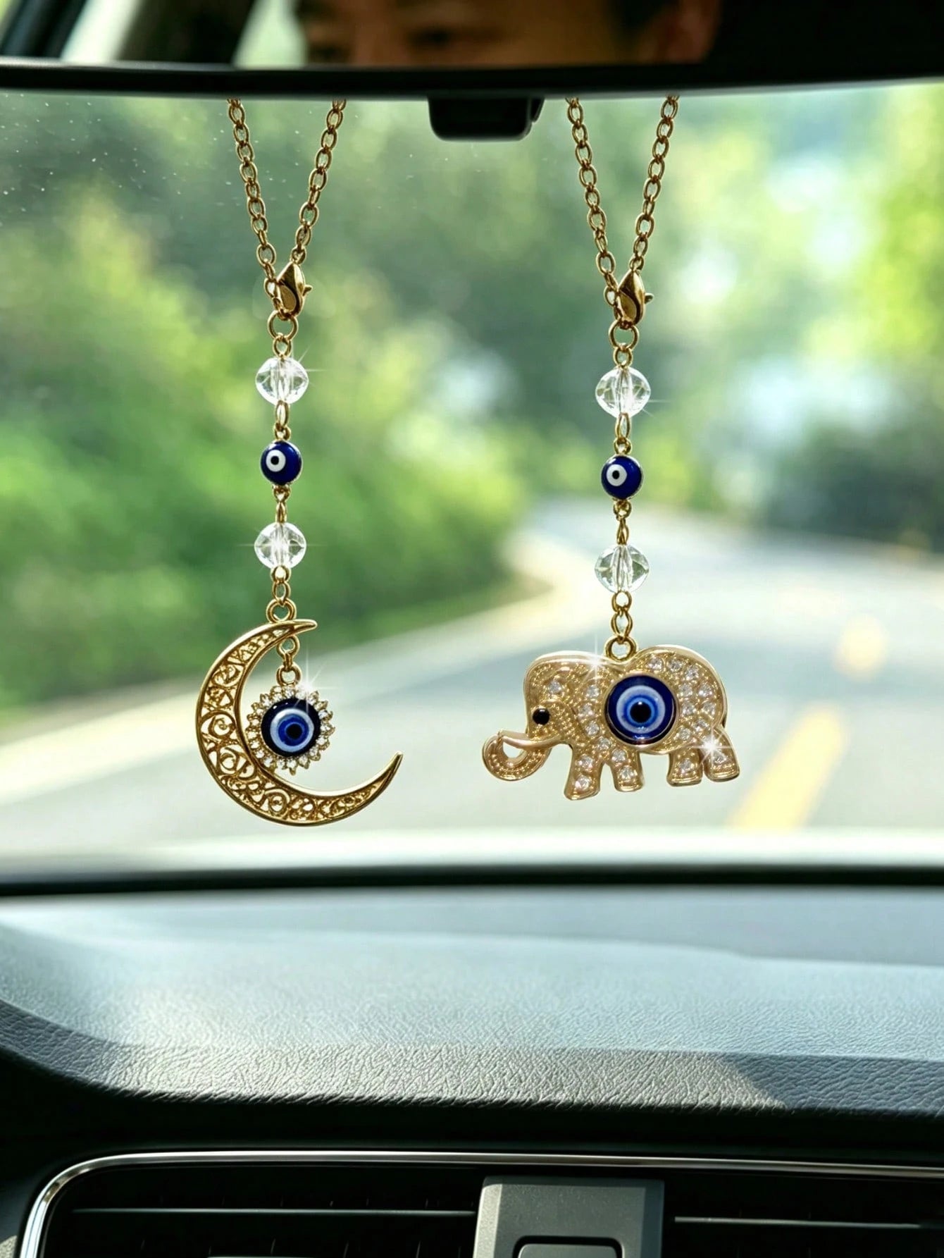 1pc Alloy Moon With Rhinestone Elephant Evil Eye Car Rearview Mirror Hanging Decoration, Car Interior Decoration Accessory