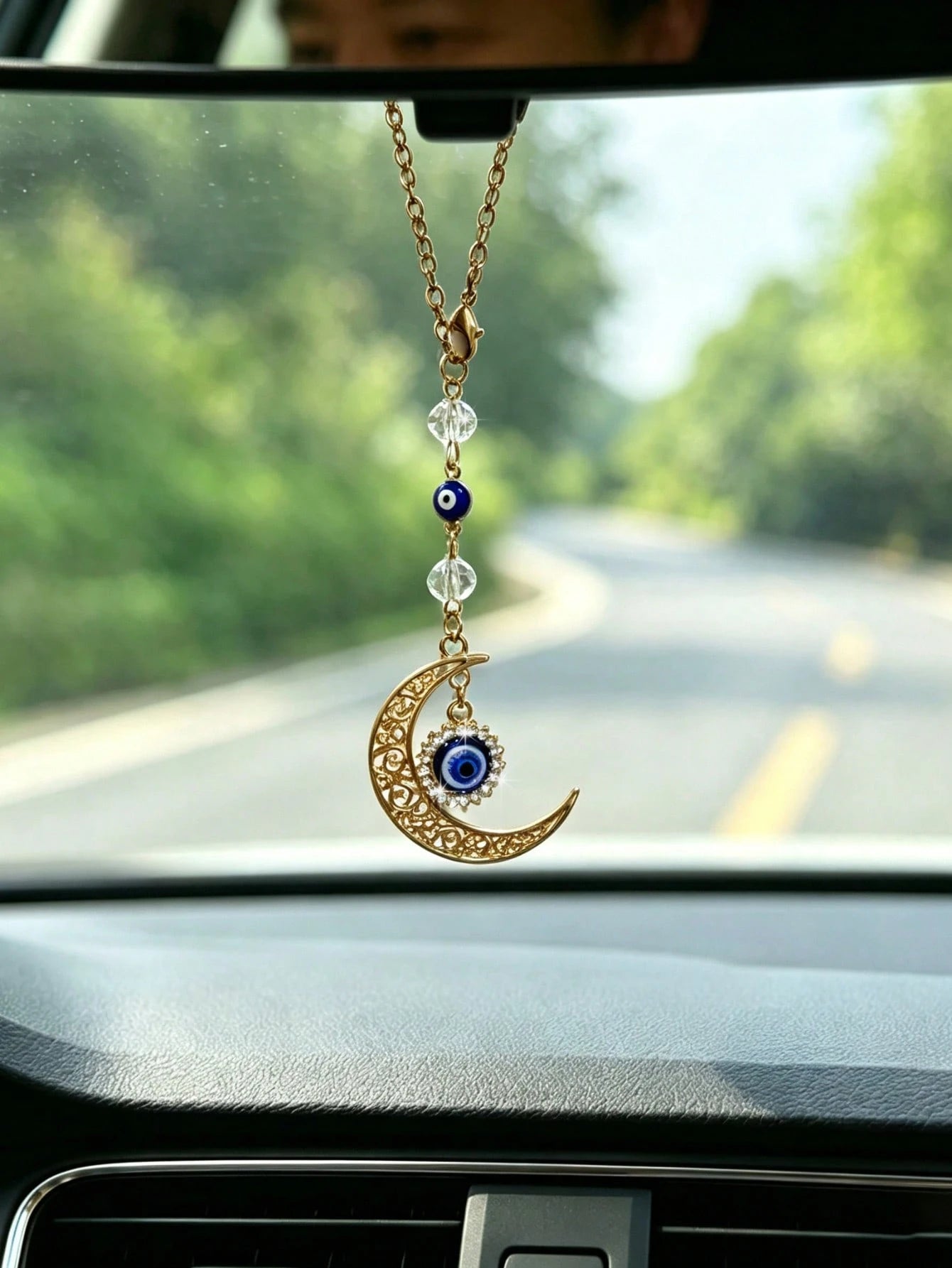 1pc Alloy Moon With Rhinestone Elephant Evil Eye Car Rearview Mirror Hanging Decoration, Car Interior Decoration Accessory