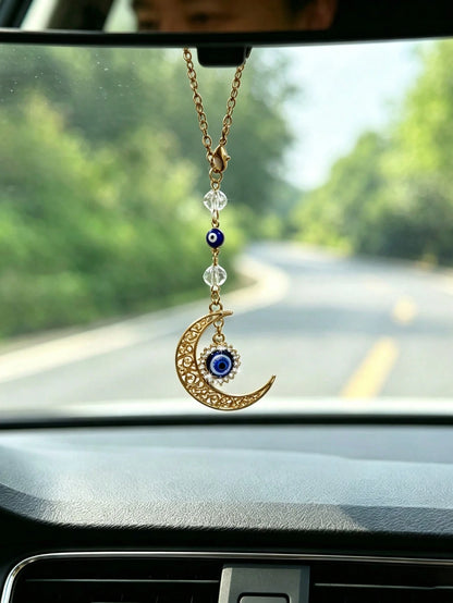 1pc Alloy Moon With Rhinestone Elephant Evil Eye Car Rearview Mirror Hanging Decoration, Car Interior Decoration Accessory
