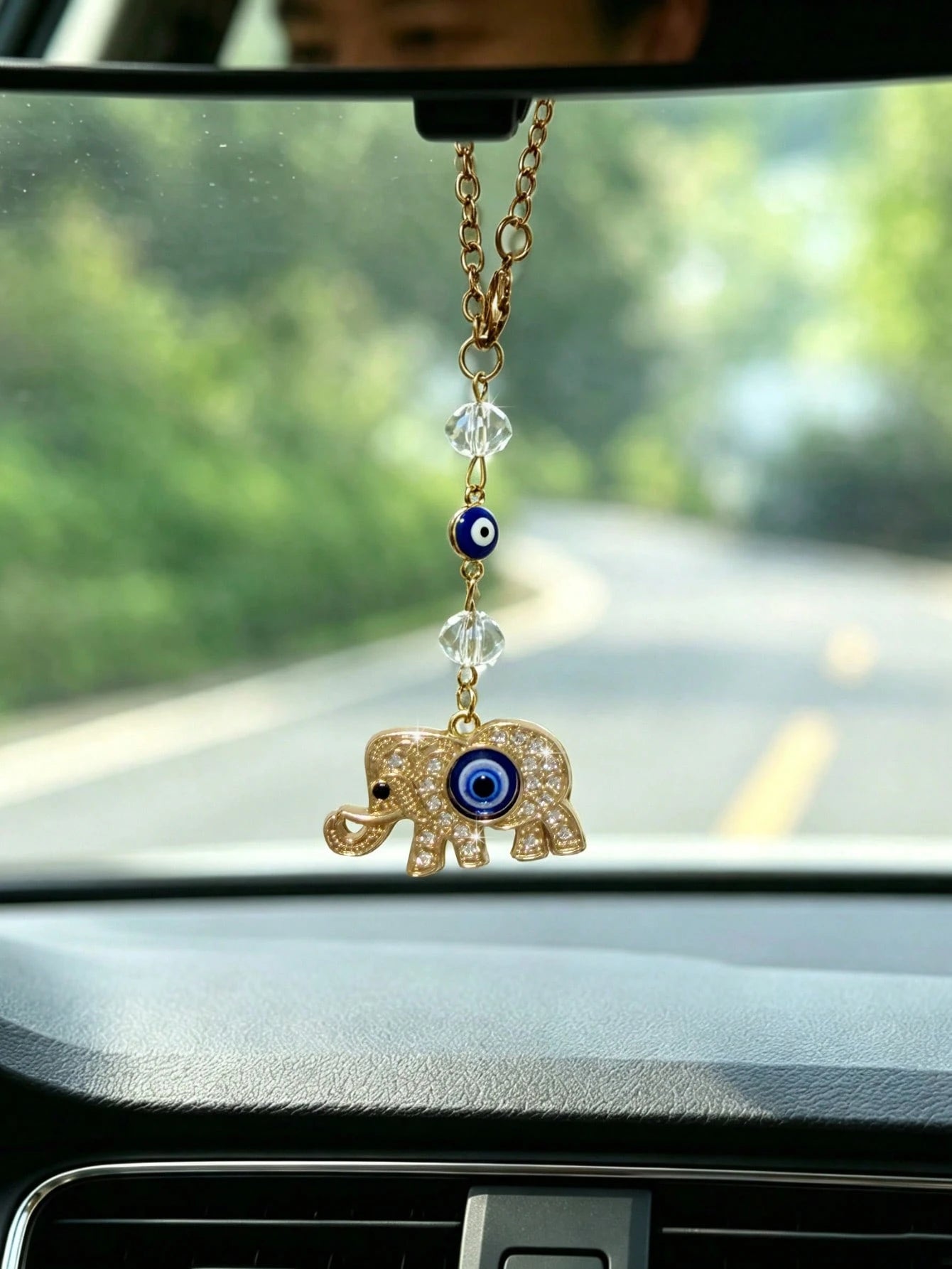 1pc Alloy Moon With Rhinestone Elephant Evil Eye Car Rearview Mirror Hanging Decoration, Car Interior Decoration Accessory