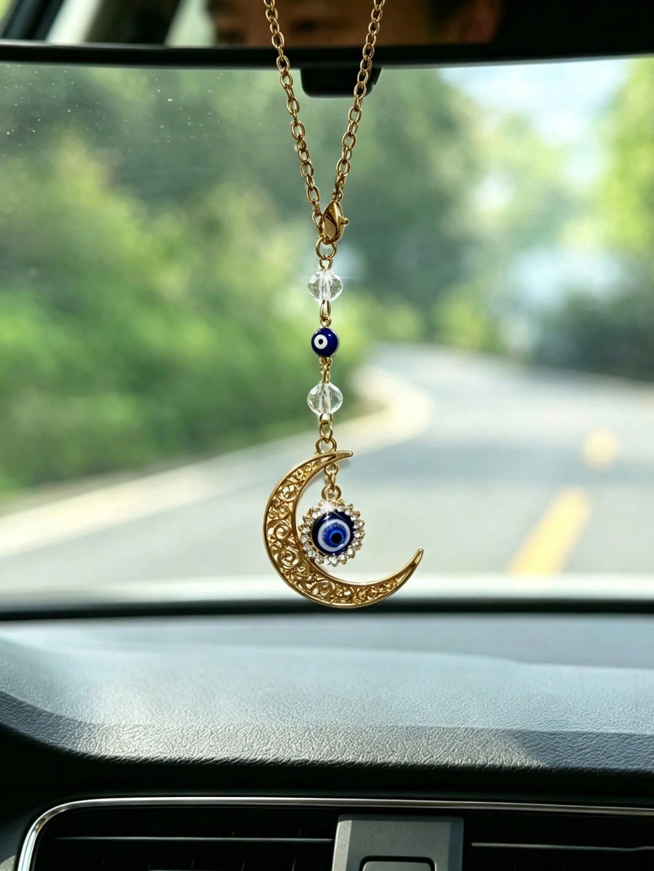 1pc Alloy Moon With Rhinestone Elephant Evil Eye Car Rearview Mirror Hanging Decoration, Car Interior Decoration Accessory