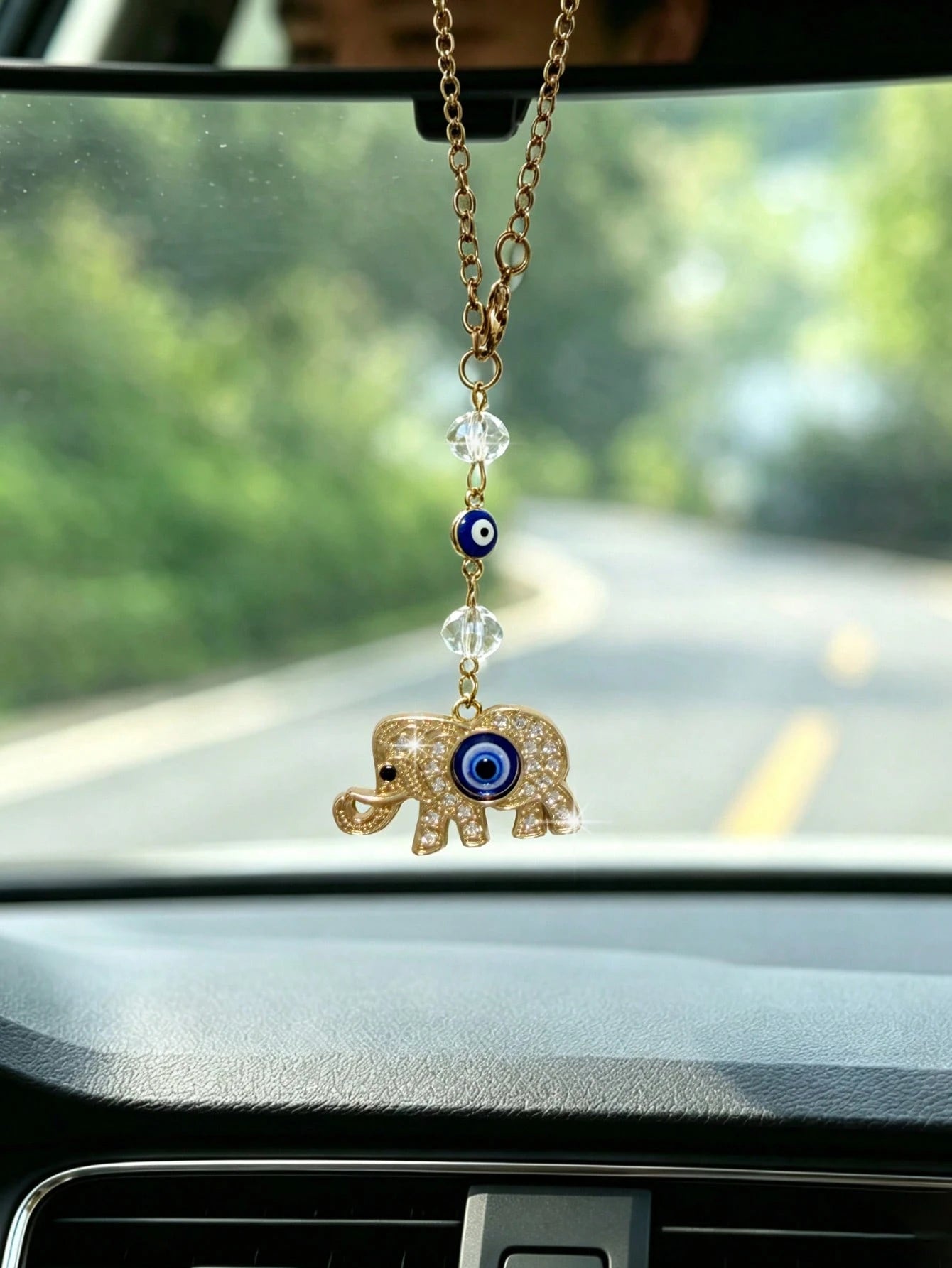1pc Alloy Moon With Rhinestone Elephant Evil Eye Car Rearview Mirror Hanging Decoration, Car Interior Decoration Accessory