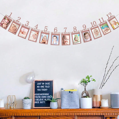 1pc Baby 1st Birthday Photo Banner, 1-12 Months Growth Record Photo Props, Birthday Party Decoration, Suitable For Birthday Party, Baby Shower, 1st Anniversary