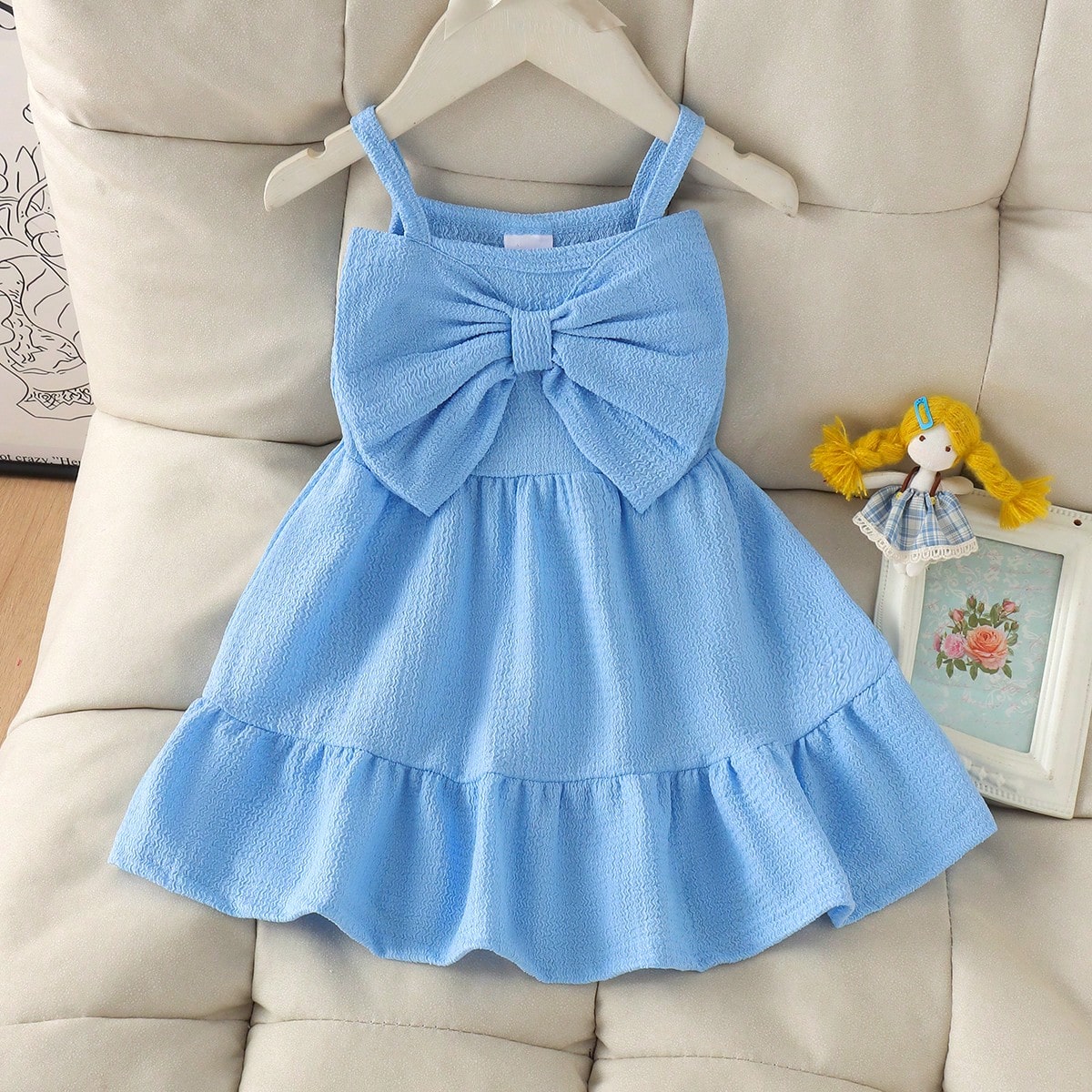 1pc Baby Girl Jacquard Fabric Tank Dress, Lightweight Summer Beach Vacation Style