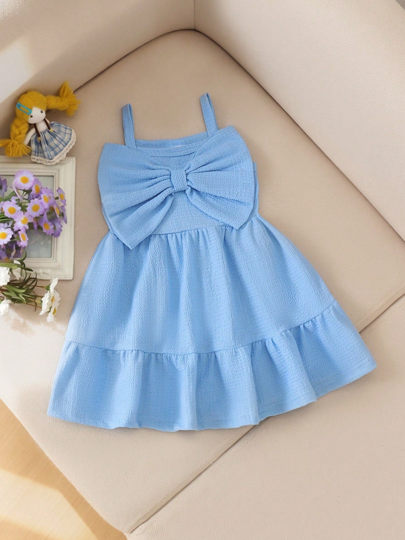 1pc Baby Girl Jacquard Fabric Tank Dress, Lightweight Summer Beach Vacation Style