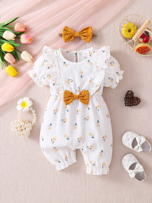 1pc Baby Girls' Summer Romper, Short Sleeve Ruffled Waist Bodysuit, Ditsy Floral Puff Sleeve Bodysuit, Soft Floral Pattern Baby Girl Outfit, Suitable For Outdoor, Casual, Party, Holiday Gift, 1st Birt