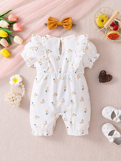 1pc Baby Girls' Summer Romper, Short Sleeve Ruffled Waist Bodysuit, Ditsy Floral Puff Sleeve Bodysuit, Soft Floral Pattern Baby Girl Outfit, Suitable For Outdoor, Casual, Party, Holiday Gift, 1st Birt
