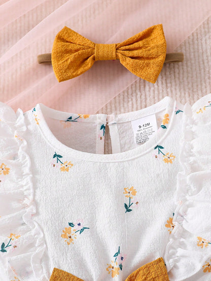 1pc Baby Girls' Summer Romper, Short Sleeve Ruffled Waist Bodysuit, Ditsy Floral Puff Sleeve Bodysuit, Soft Floral Pattern Baby Girl Outfit, Suitable For Outdoor, Casual, Party, Holiday Gift, 1st Birt