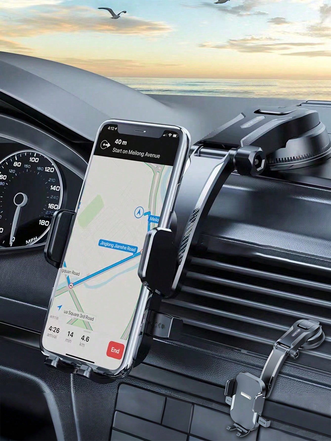 1pc Black Car Phone Holder, Multi-Function Telescopic Suction Cup Car Navigation Mount, Suitable For Daily Driving Navigation And Phone Placement (Please Clean Surface Before Use)