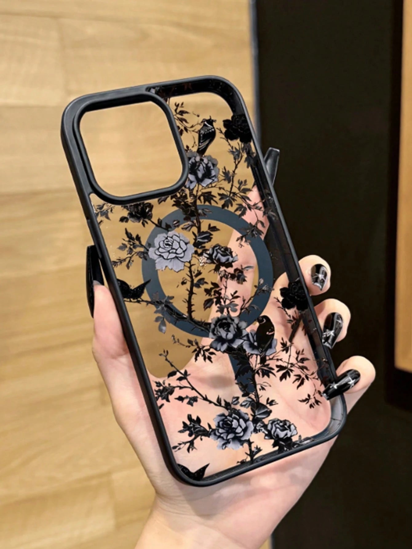 1pc Black Floral Magnetic Fashion Phone Case, New Creative Shadow Forest Peony Pattern Unique Phone Case, Suitable For Apple 16 Pro Max, 11/12/13/14 Plus, XR, 7/8 Plus, 15 Pro Max Series, Spring Gift