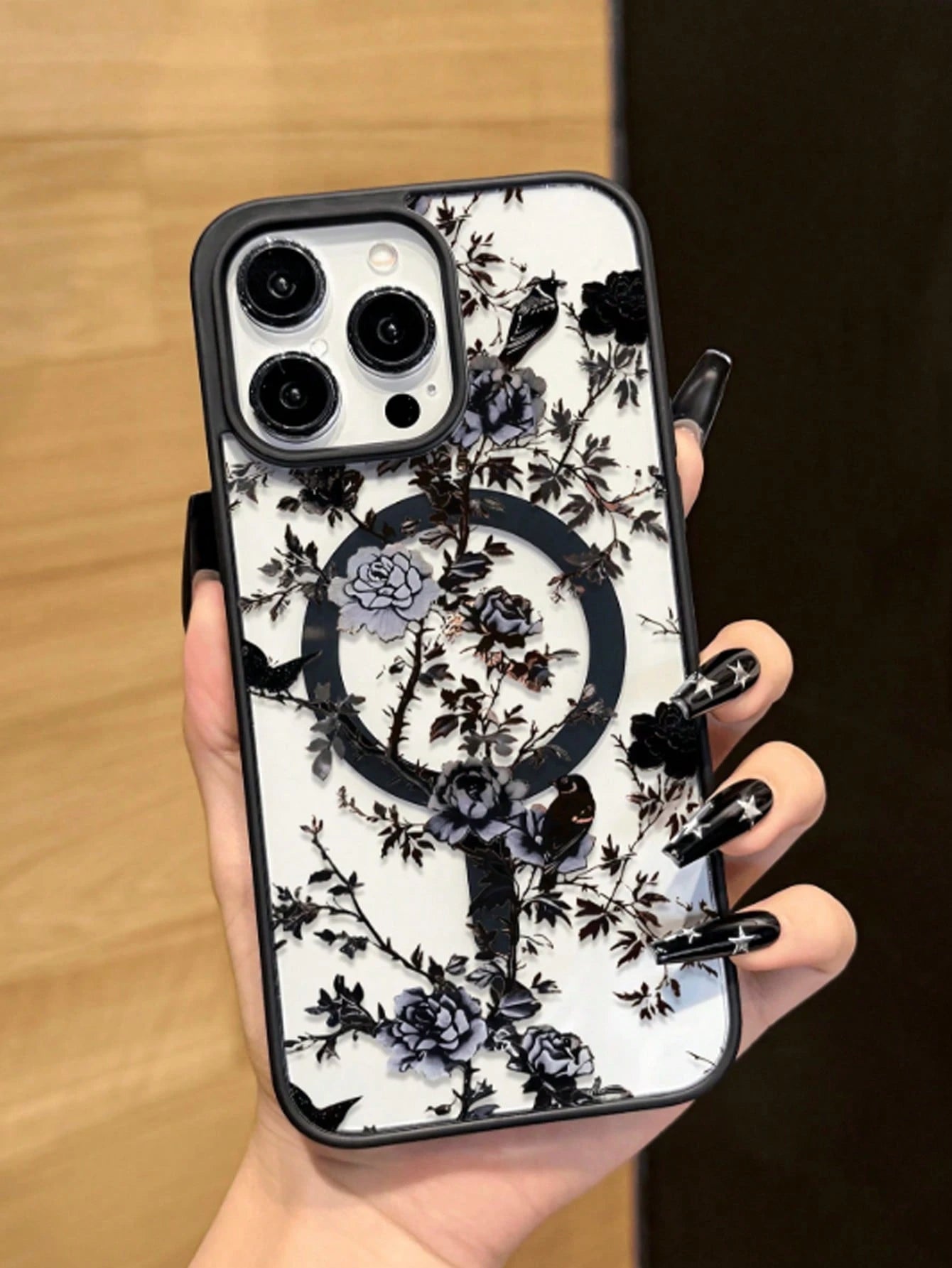1pc Black Floral Magnetic Fashion Phone Case, New Creative Shadow Forest Peony Pattern Unique Phone Case, Suitable For Apple 16 Pro Max, 11/12/13/14 Plus, XR, 7/8 Plus, 15 Pro Max Series, Spring Gift