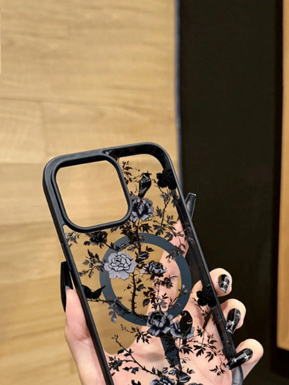 1pc Black Floral Magnetic Fashion Phone Case, New Creative Shadow Forest Peony Pattern Unique Phone Case, Suitable For Apple 16 Pro Max, 11/12/13/14 Plus, XR, 7/8 Plus, 15 Pro Max Series, Spring Gift