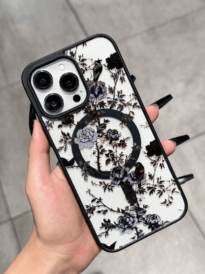 1pc Black Floral Magnetic Fashion Phone Case, New Creative Shadow Forest Peony Pattern Unique Phone Case, Suitable For Apple 16 Pro Max, 11/12/13/14 Plus, XR, 7/8 Plus, 15 Pro Max Series, Spring Gift