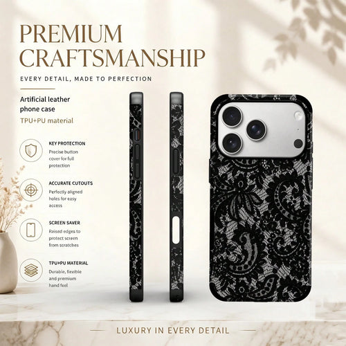 1pc Black Lace Pattern Protective Phone Case, Comfortable Grip, Fashionable Phone Cover, Microfiber Leather Anti-Drop Anti-Shock Soft Shell For IPhone 17/16/15/14/13/12/11/Galaxy S24 Ultra/S24/S23/S22