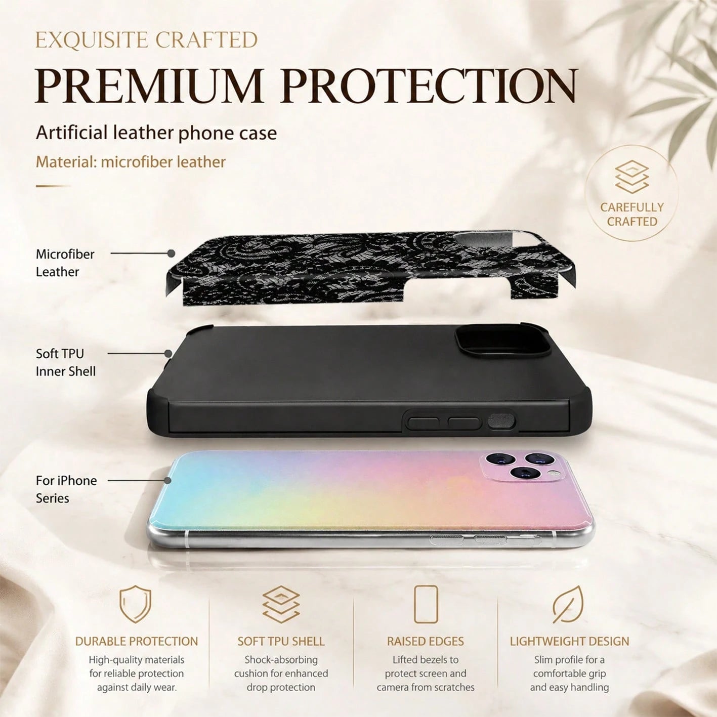 1pc Black Lace Pattern Protective Phone Case, Comfortable Grip, Fashionable Phone Cover, Microfiber Leather Anti-Drop Anti-Shock Soft Shell For IPhone 17/16/15/14/13/12/11/Galaxy S24 Ultra/S24/S23/S22