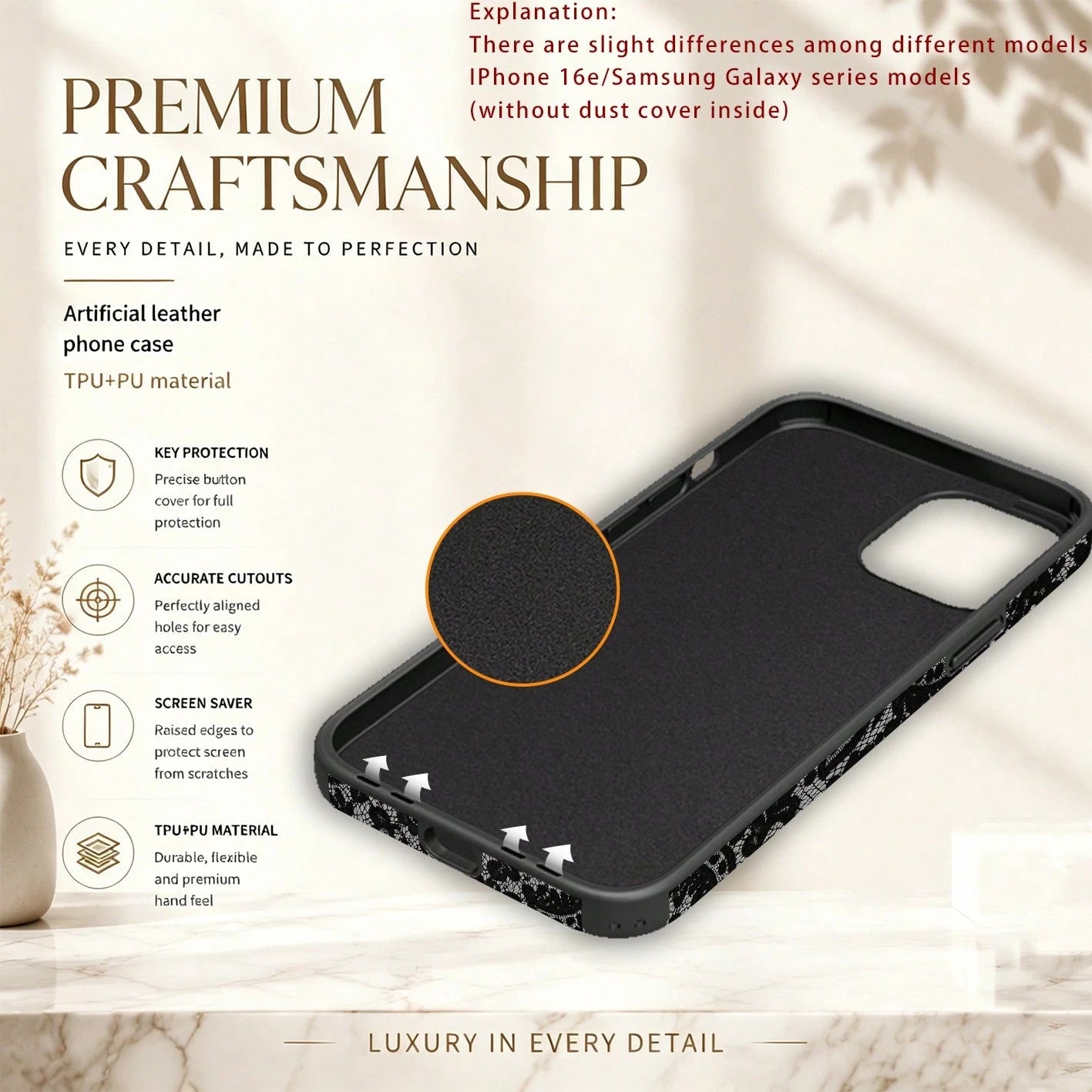 1pc Black Lace Pattern Protective Phone Case, Comfortable Grip, Fashionable Phone Cover, Microfiber Leather Anti-Drop Anti-Shock Soft Shell For IPhone 17/16/15/14/13/12/11/Galaxy S24 Ultra/S24/S23/S22