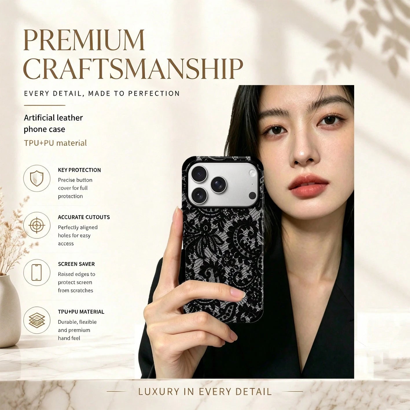 1pc Black Lace Pattern Protective Phone Case, Comfortable Grip, Fashionable Phone Cover, Microfiber Leather Anti-Drop Anti-Shock Soft Shell For IPhone 17/16/15/14/13/12/11/Galaxy S24 Ultra/S24/S23/S22