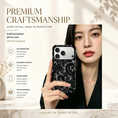 1pc Black Lace Pattern Protective Phone Case, Comfortable Grip, Fashionable Phone Cover, Microfiber Leather Anti-Drop Anti-Shock Soft Shell For IPhone 17/16/15/14/13/12/11/Galaxy S24 Ultra/S24/S23/S22