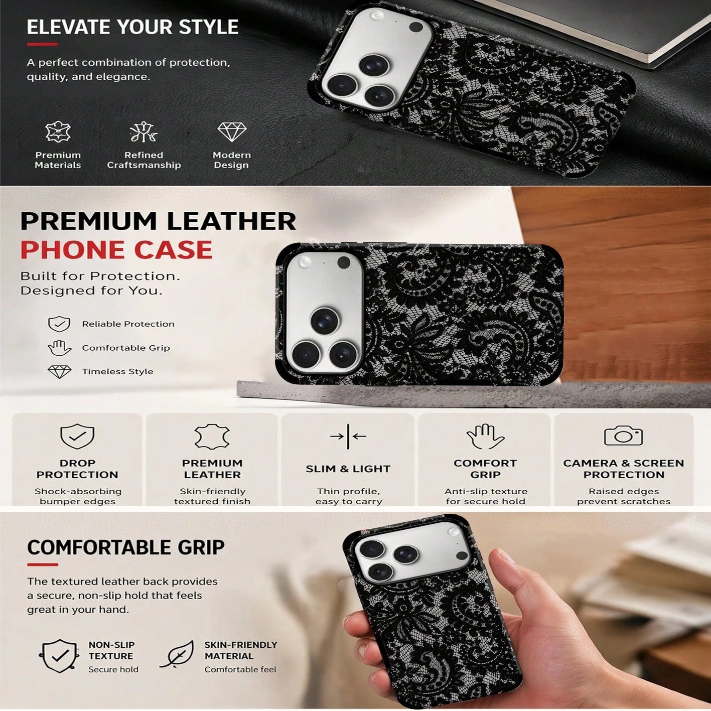 1pc Black Lace Pattern Protective Phone Case, Comfortable Grip, Fashionable Phone Cover, Microfiber Leather Anti-Drop Anti-Shock Soft Shell For IPhone 17/16/15/14/13/12/11/Galaxy S24 Ultra/S24/S23/S22