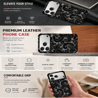 1pc Black Lace Pattern Protective Phone Case, Comfortable Grip, Fashionable Phone Cover, Microfiber Leather Anti-Drop Anti-Shock Soft Shell For IPhone 17/16/15/14/13/12/11/Galaxy S24 Ultra/S24/S23/S22