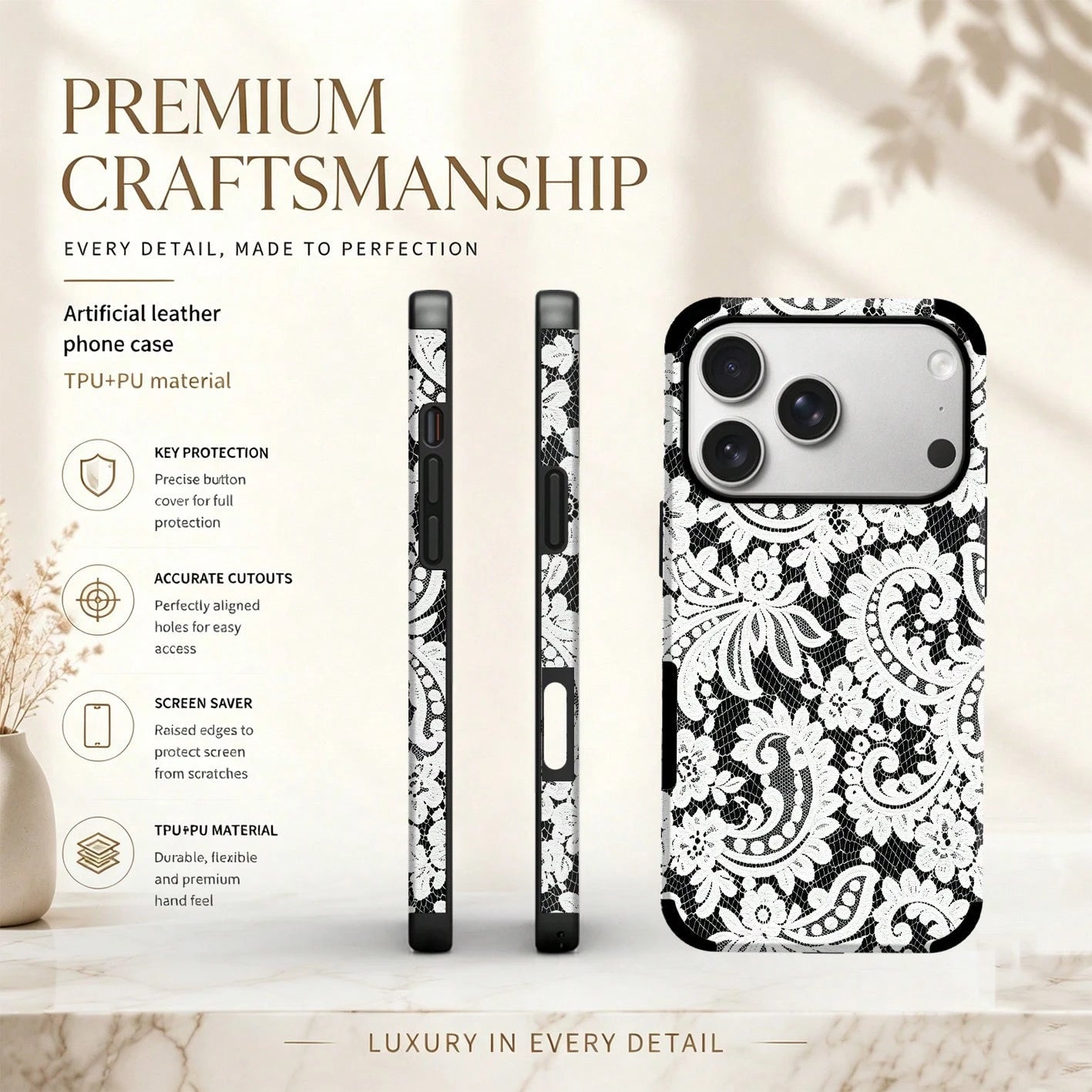 1pc Black Lace Pattern Protective Phone Case, Comfortable Grip, Fashionable Phone Cover, Microfiber Leather Anti-Drop Anti-Shock Soft Shell For IPhone 17/16/15/14/13/12/11/Galaxy S24 Ultra/S24/S23/S22