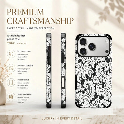 1pc Black Lace Pattern Protective Phone Case, Comfortable Grip, Fashionable Phone Cover, Microfiber Leather Anti-Drop Anti-Shock Soft Shell For IPhone 17/16/15/14/13/12/11/Galaxy S24 Ultra/S24/S23/S22