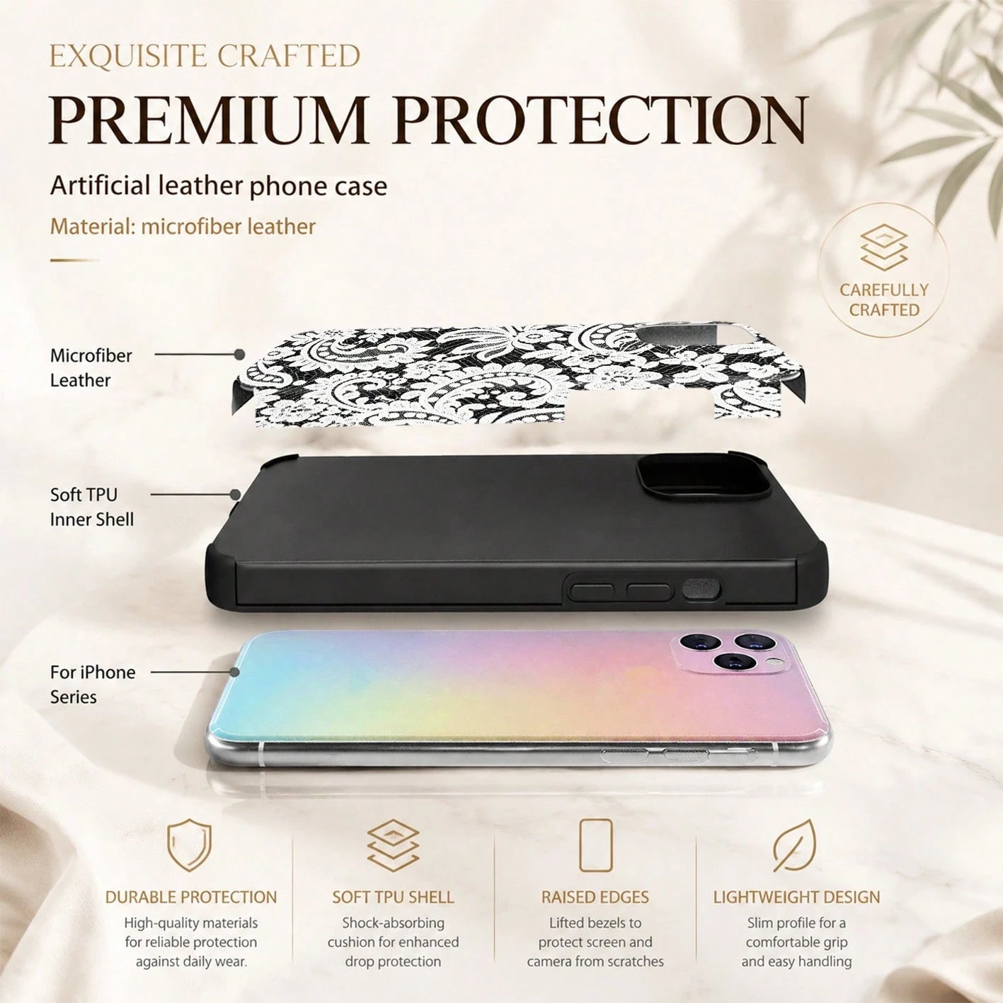 1pc Black Lace Pattern Protective Phone Case, Comfortable Grip, Fashionable Phone Cover, Microfiber Leather Anti-Drop Anti-Shock Soft Shell For IPhone 17/16/15/14/13/12/11/Galaxy S24 Ultra/S24/S23/S22
